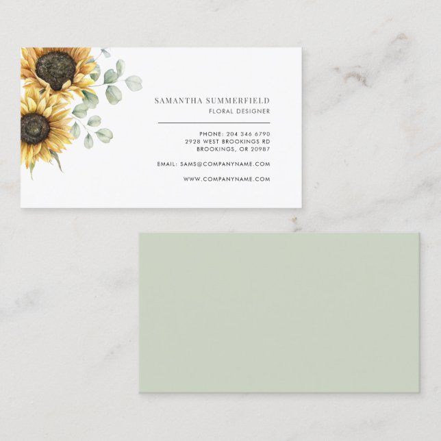 Blommigt Solros Eucalyptus Bloom Florist Visitkort (Fram/baksida)