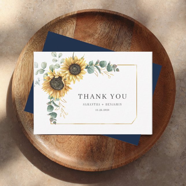 Blommigt Solros Eucalyptus Bröllop Tack Kort (Floral Sunflower Greenery Wedding Thank You Card)