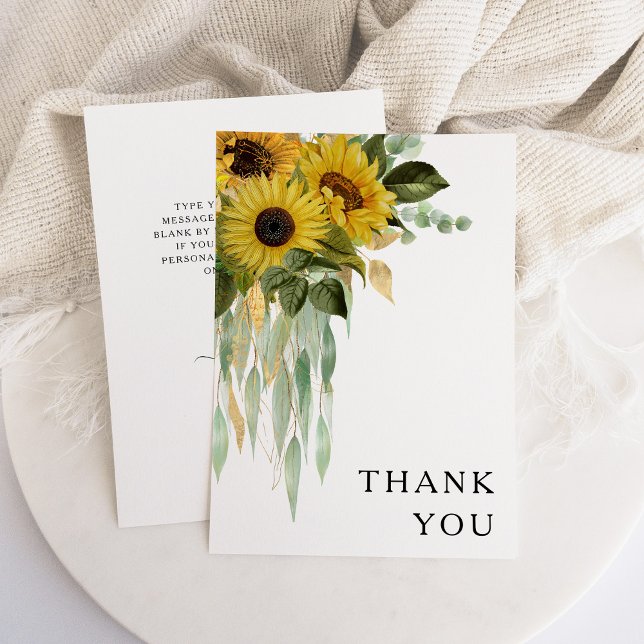Blommigt Solros Eucalyptus Bröllop Tack Kort (Floral Sunflower Eucalyptus Wedding Thank You Card)