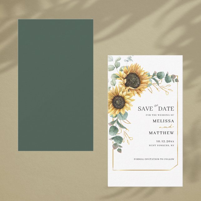 Blommigt Solros Eucalyptus Foliage Spara datum Anteckningskort (Sunflower Eucalyptus Typography Wedding Save the Date Business Card)