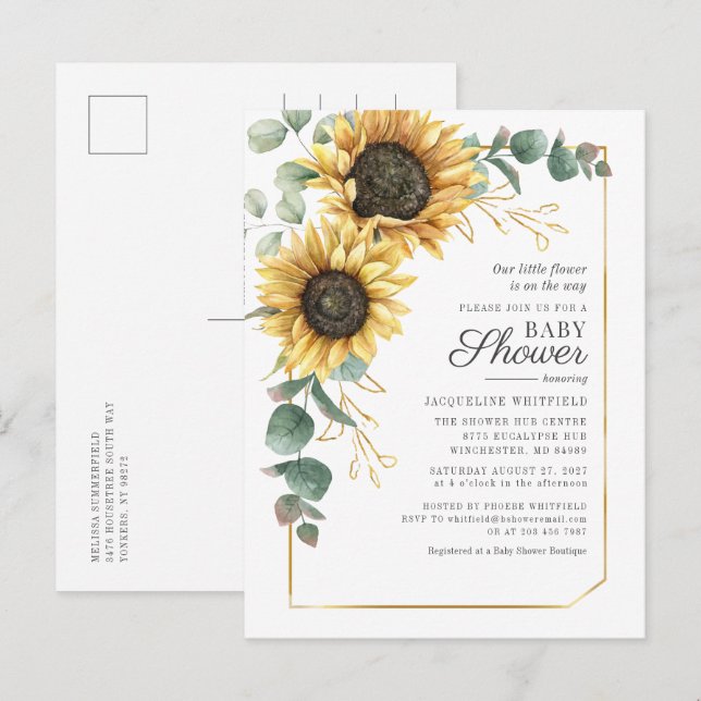Blommigt Solros Eucalyptus Greenery Baby Shower Inbjudan Vykort (Fram/baksida)
