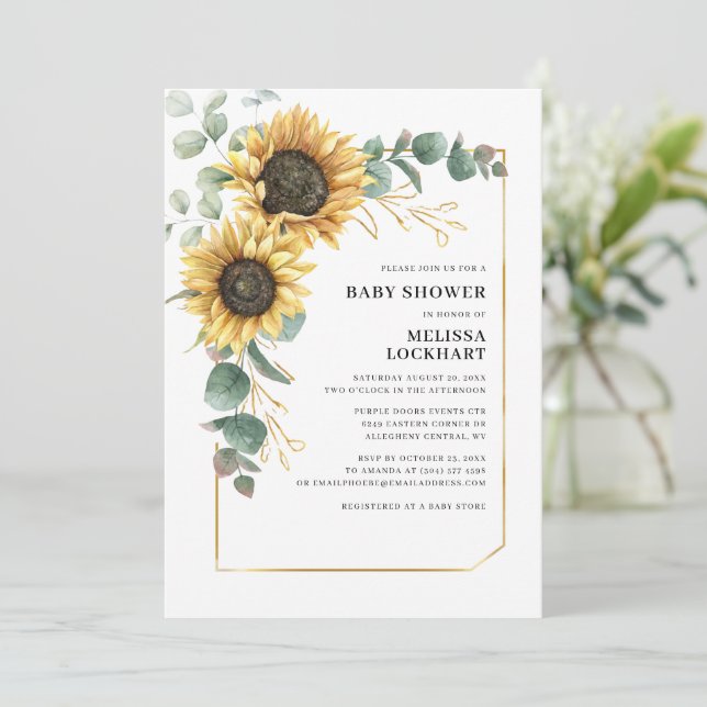Blommigt Solros Eucalyptus Greenery Baby Shower Inbjudningar (Stående Fram)