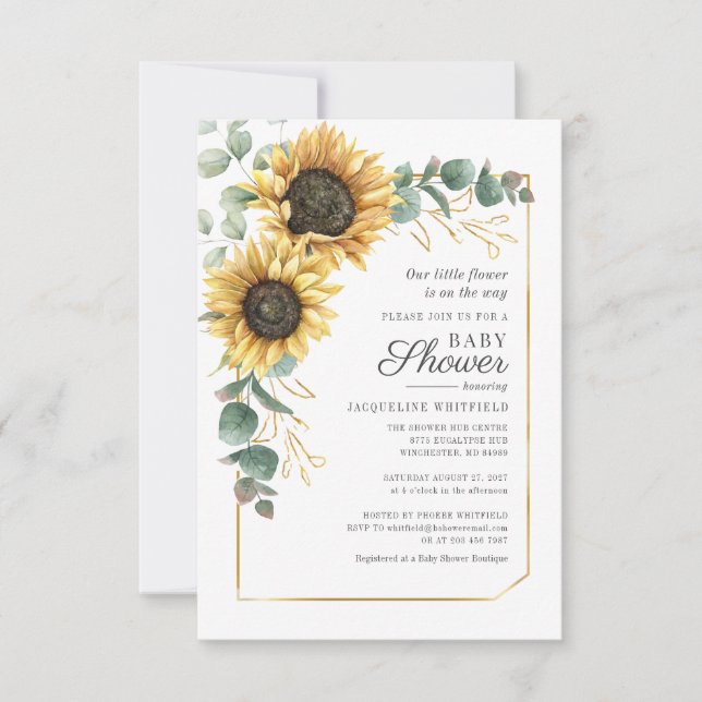 Blommigt Solros Eucalyptus Greenery Baby Shower Inbjudningar (Framsida)