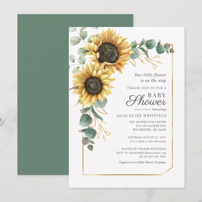 Blommigt Solros Eucalyptus Greenery Baby Shower Inbjudningar (Fram/baksida)