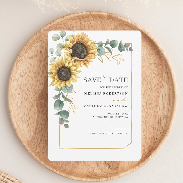 Blommigt Solros Eucalyptus Greenery Spara Datumet (Sunflower Eucalyptus Watercolor Wedding Save the Date Card)