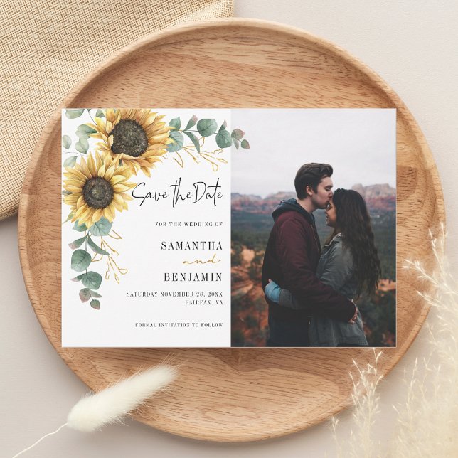 Blommigt Solros Eucalyptus Photo Bröllop Spara Datumet (Sunflower Floral Eucalyptus Wedding Save the Date Announcement)
