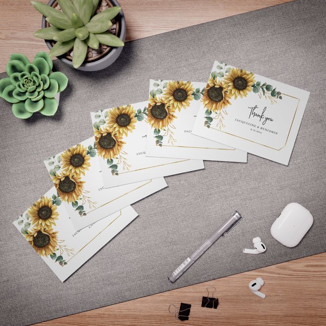 Blommigt Solros Eucalyptus Photo Bröllop Tack Kort (Floral Greenery Photo Wedding  Script Thank You Photo Card)