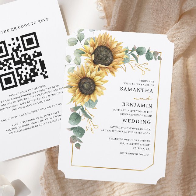 Blommigt Solros Eucalyptus QR Code Rustic Bröllop Inbjudningar (Floral Sunflower Eucalyptus QR Code Rustic Wedding Invitation)