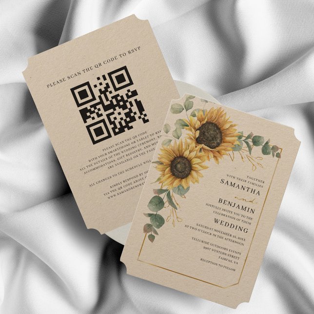 Blommigt Solros Eucalyptus QR Code Rustic Bröllop Inbjudningar (Sunflower Eucalyptus Kraft Wedding Invitation)