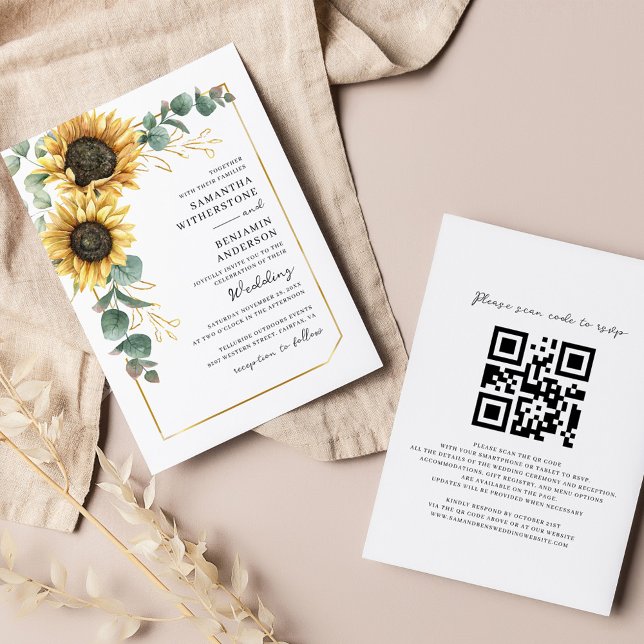 Blommigt Solros Eucalyptus QR-kod Bröllop Inbjudningar (Floral Sunflower Eucalyptus QR Code Script All-in-One Wedding Invitation)