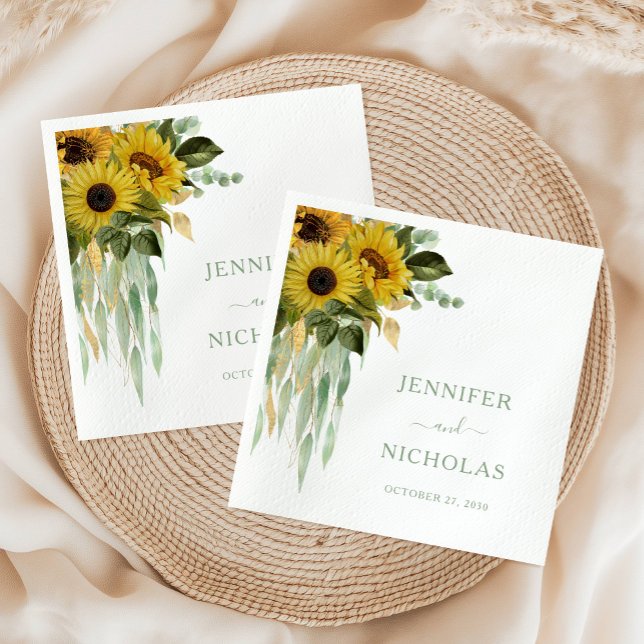 Blommigt Solros Eucalyptus Sage Grönt Bröllop Pappersservett (Floral Sunflower Eucalyptus Sage Green Wedding Napkins)