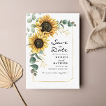 Blommigt Solros Eucalyptus Spara datum<br><div class="desc">Skapa en modern solrosliknande Blommigt spara datumbudgetkortet med den här söta mallen med vacker rustik blommigt bouquet,  geometrisk guld-effekt ram,  med modern enkel typografi. TIP: Matchande bröllop-svit som OSA,  bröllopsprogram,  banderoller,  tapetik,  presentkort,  skyltar och andra bröllop-kök och märkre-godis finns i samlingen nedan med denna design.</div>
