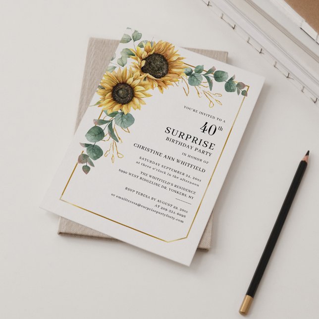 Blommigt Solros Eucalyptus Surprise 40:e födelseda Inbjudningar (Sunflower Eucalyptus Greenery 40th Birthday Party Invitation)