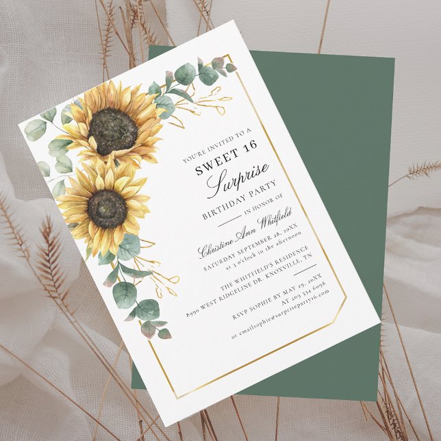 Blommigt Solros Eucalyptus Sweet 16 Birthday Inbjudningar (Sunflower Floral Eucalyptus 16th Birthday Party Surprise Sweet Sixteenth Invitation)