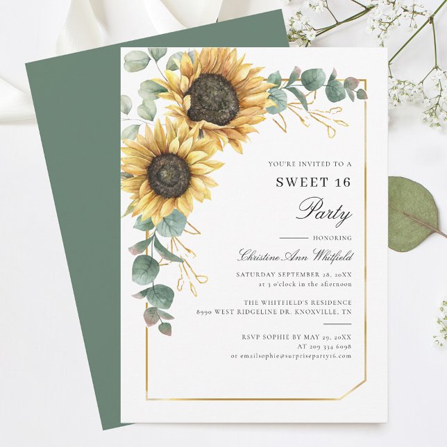 Blommigt Solros Eucalyptus Sweet 16 Party Inbjudningar (Sunflower Floral Eucalyptus 16th Birthday Party Sweet Sixteen Invitation)