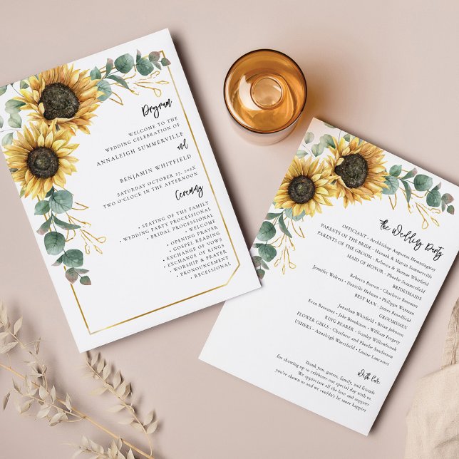 Blommigt Solros Greenery Bröllopsprogram (Sunflower Eucalyptus Greenery All-in-One Wedding Invitation)