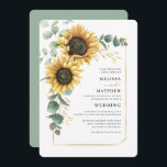 Blommigt Solros Greenery Elegant bröllop Inbjudningar<br><div class="desc">Skapa ett modernt inbjudningskort för Solros-Blommigten med den här söta mallen med vacker rustik blommigt bouquet,  geometrisk guld-effekt ram,  med modern enkel typografi. TIP: Matchande bröllop-svit som OSA,  bröllopsprogram,  banderoller,  tapetik,  presentkort,  skyltar och andra bröllop-kök och märkre-godis finns i samlingen nedan med denna design.</div>