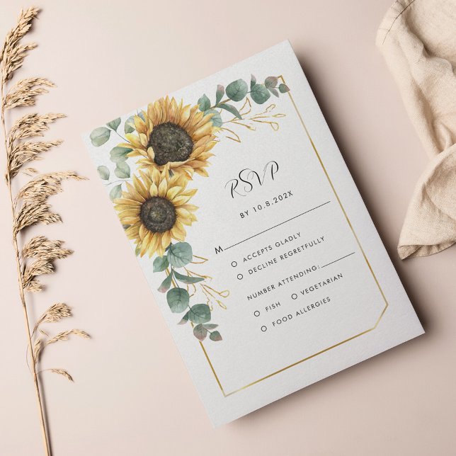 Blommigt Solros Greenery Geometric Bröllop OSA Kort (Sunflower Eucalyptus Geometric Wedding RSVP Card)
