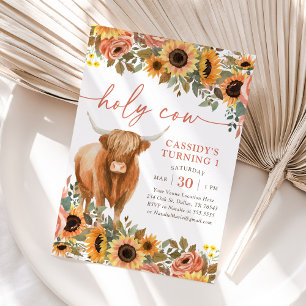 Blommigt Solros Highland Cow Birthday Inbjudningar