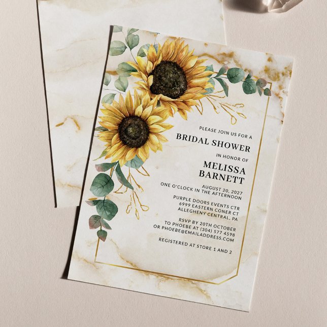 Blommigt Solros Inbjudningskort för möhippan (Sunflower Eucalyptus Bridal Shower with Marble Background Invitation)