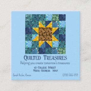 Blommigt Solros på Blue Patchwork Quilt Geometric Fyrkantigt Visitkort
