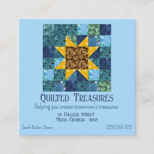 Blommigt Solros på Blue Patchwork Quilt Geometric Fyrkantigt Visitkort (Framsida)
