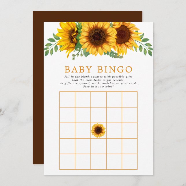 Blommigt Solros Rustic Baby Shower Bingo Game Inbjudningar (Fram/baksida)