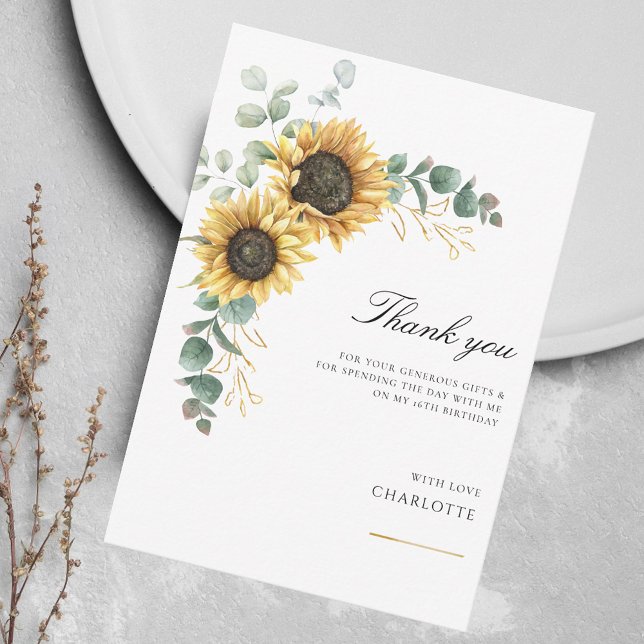 Blommigt Solrosgröni 16:e födelsedagen Tack Kort (Floral Sunflower Eucalyptus Birthday Thank You Card)