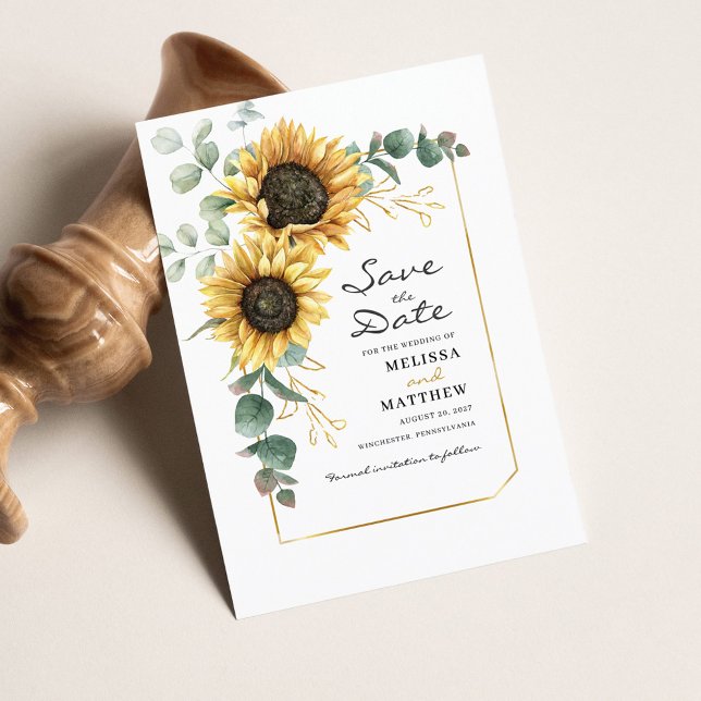 Blommigt Solrosolja Eucalyptus Spara datumbudgeten Anteckningskort (Floral Geometric Wedding Save the Date Announcement)