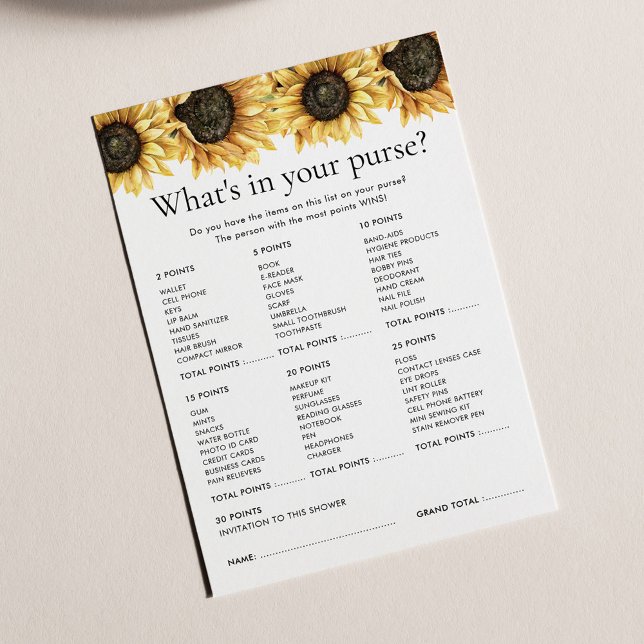Blommigt Solrosspel Möhippa (Floral Sunflower Bridal Shower Games What's in her Purse Card)
