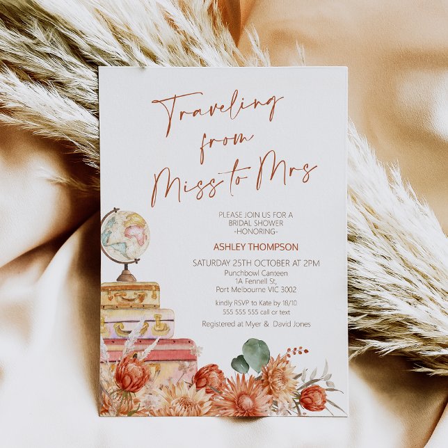 Blommigt som reser från Miss Möhippa Inbjudningar (Boho Floral Fall Traveling from Miss to Mrs Bridal Shower Invitation, Burn Orange, Rust Boho Floral)