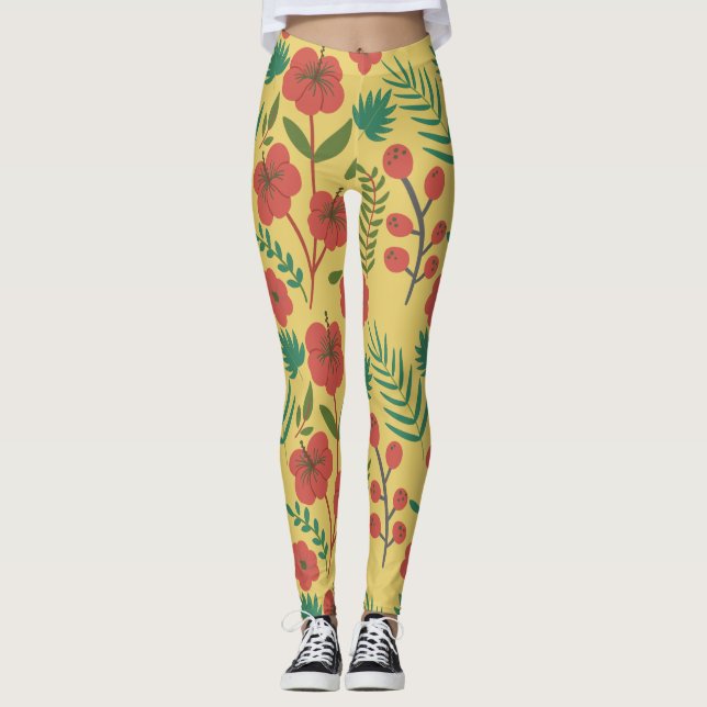 Blommigt, sömlös grönt av mönster röd gult, blommo leggings (Framsida)