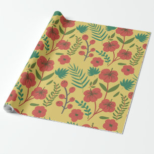 Blommigt, sömlös grönt av mönster röd gult, blommo presentpapper