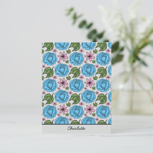 Blommigt sömlös mönster blue & rosa personlig vykort (Stående Fram)