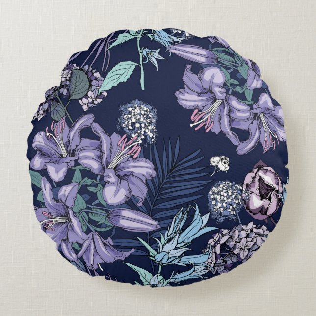 Blommigt sömlös mönster. Det finns Lily, Hydrangea Rund Kudde (Framsidan)