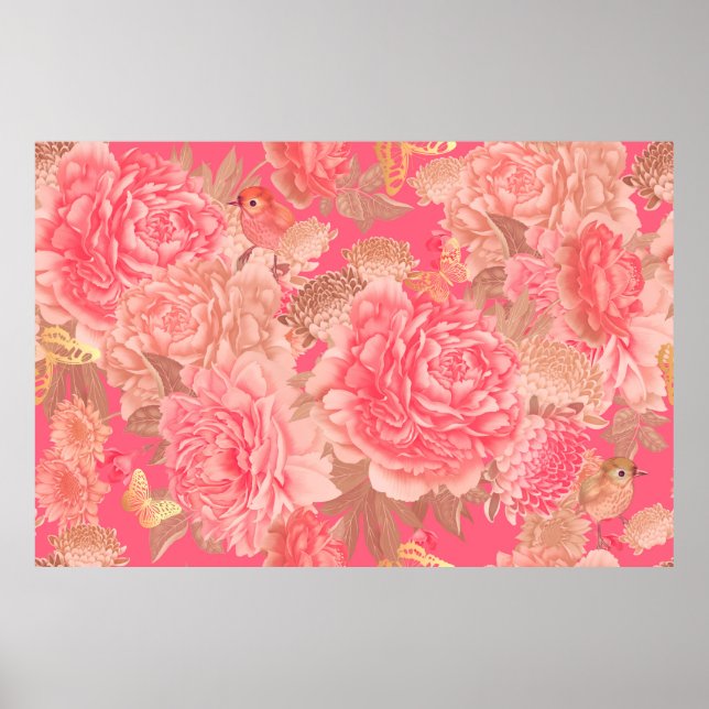 Blommigt sömlös mönster. Garden rosa peoni Poster (Framsidan)