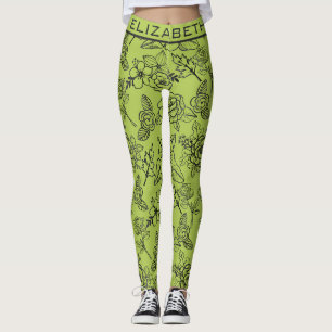 Blommigt sömlös mönster grönt bg personlig namn leggings