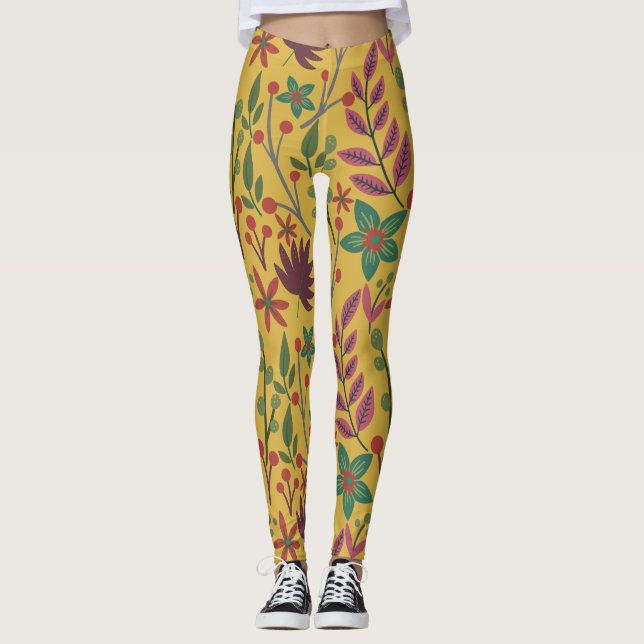 Blommigt Sömlös mönster gula blommor och löv Leggings (Framsida)