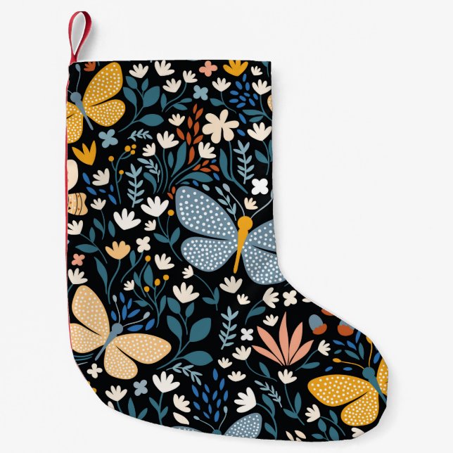 Blommigt sömlös mönster med fjärilar, hand dr liten julstrumpa (Framsidan)