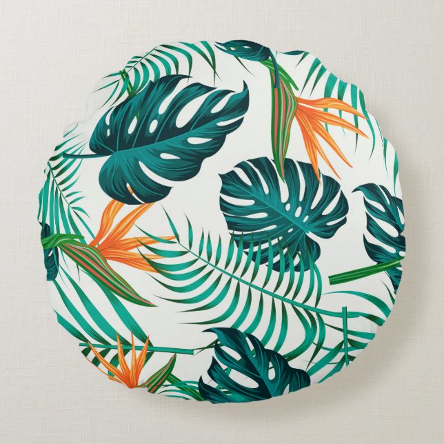 Blommigt sömlös mönster med löv. tropiskt rygg rund kudde (Framsidan)