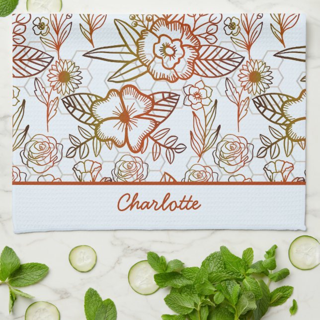 Blommigt sömlös mönster orange personlig namn kökshandduk (Vikta)