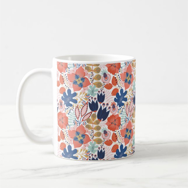 Blommigt sömlös mönster på vitt. Abstrakt backgro Kaffemugg (Vänster)