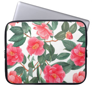 Blommigt, sömlös mönster, rödkamellinblommor med laptop fodral