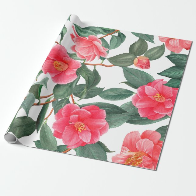 Blommigt, sömlös mönster, rödkamellinblommor med presentpapper (Utrullad)