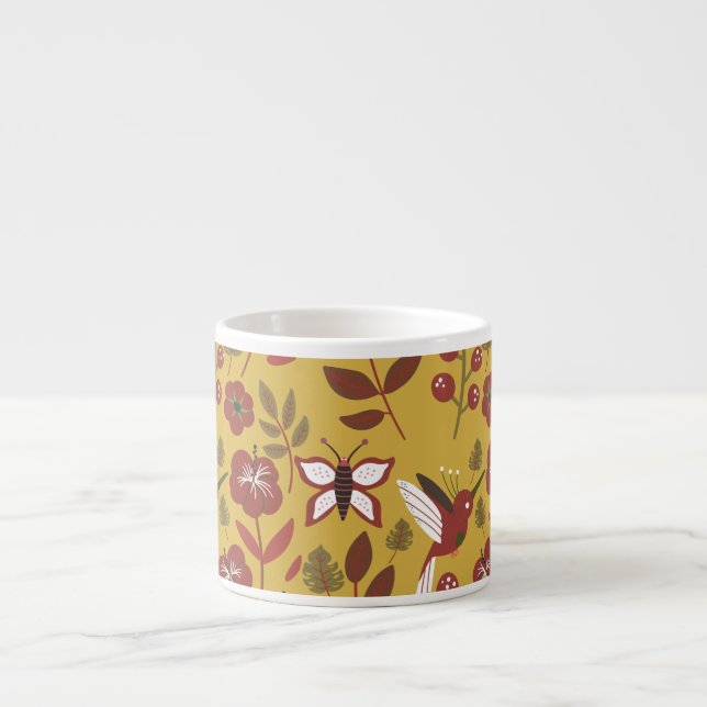 Blommigt: sömlösa blommor av mönster, fjäril, rött espressomugg (Framsidan)