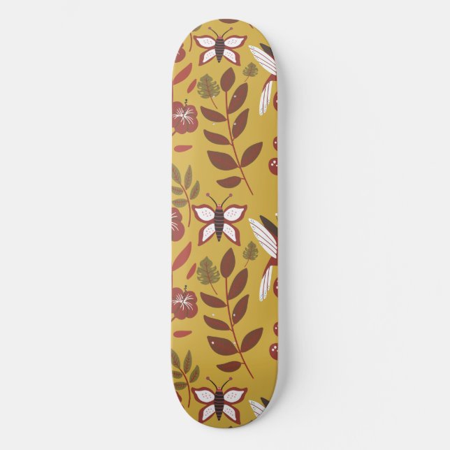 Blommigt: sömlösa blommor av mönster, fjäril, rött mini skateboard bräda 18,5 cm (Framsida)