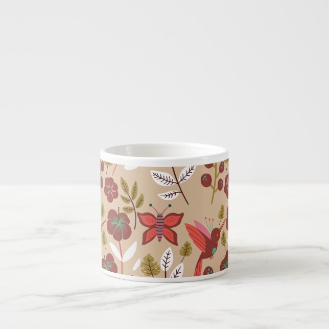 Blommigt: sömlösa blommor, fåglar, fjäril, mönster espressomugg (Framsidan)