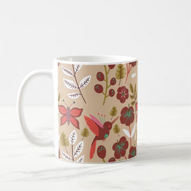 Blommigt: sömlösa blommor, fåglar, fjäril, mönster kaffemugg (Vänster)