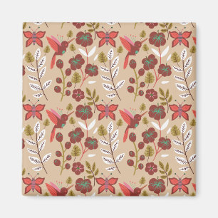 Blommigt: sömlösa blommor, fåglar, fjäril, mönster magnet