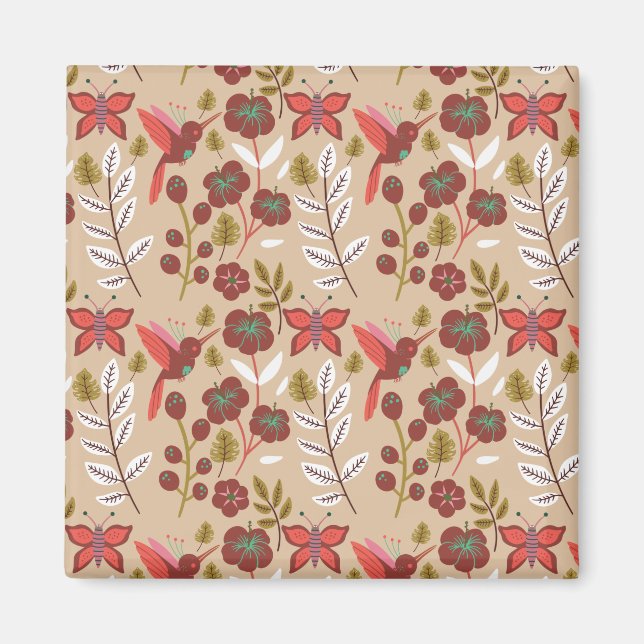 Blommigt: sömlösa blommor, fåglar, fjäril, mönster magnet (Framsidan)